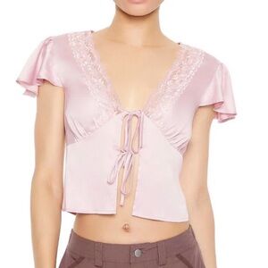 Forever 21 Pink Satin Lace-Trim Tie-Front Crop Top